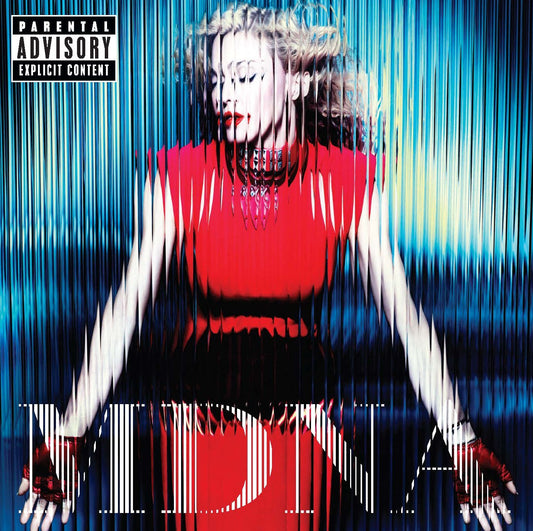 Album cover with Madonna in a red top and white gloves, featuring a 'Parental Advisory' label and MDNA distorted text.