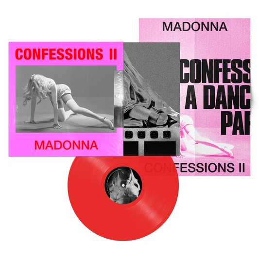 Collage of Madonna album cover and a red vinyl record with a poster.