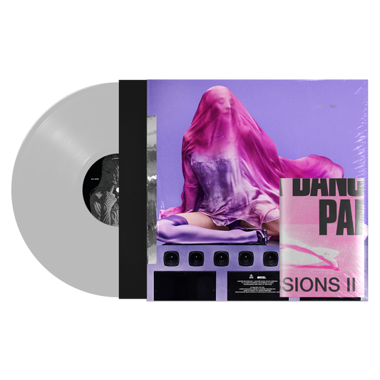 Vinyl record with a cover featuring a person draped in pink fabric on a purple background