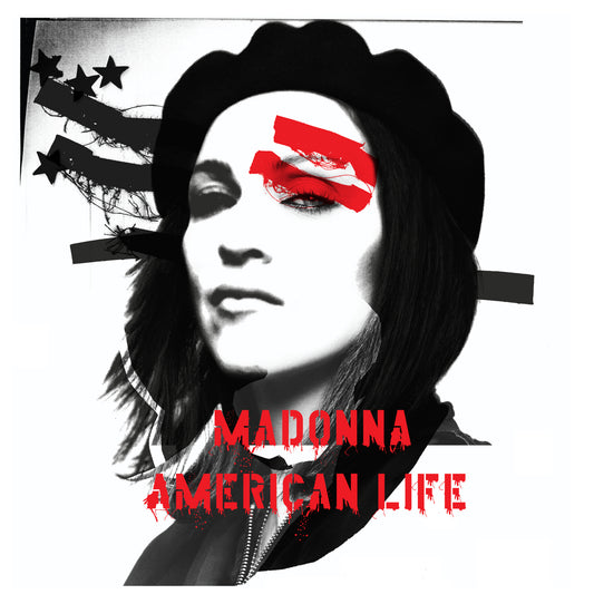Madonna 'American Life' album cover artwork featuring a high-contrast black and white portrait with red graphic stripes and the text 'MADONNA AMERICAN LIFE' in red at the bottom.