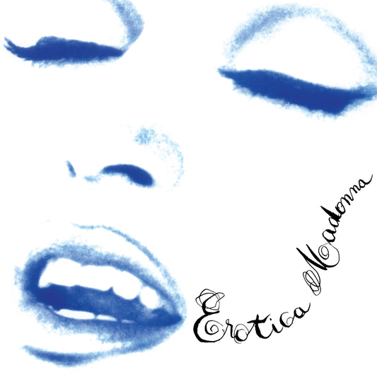 Madonna Blue painted lips and closed eyes on a white background with black script text reading 'Erotica Madonna'.