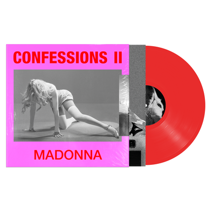 Vinyl record with pink cover featuring a black and white photo of Madonna, text 'Confessions II' and 'Madonna'.