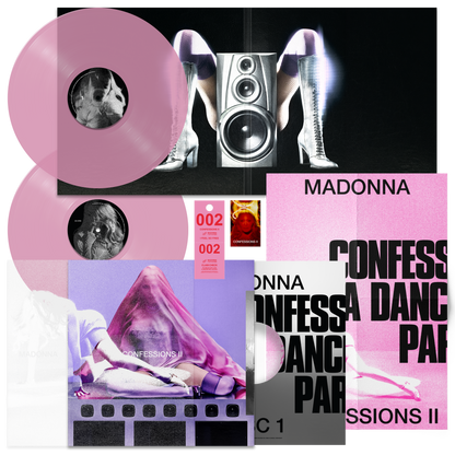 Collage of Madonna album covers and a pink vinyl record with a speaker design.