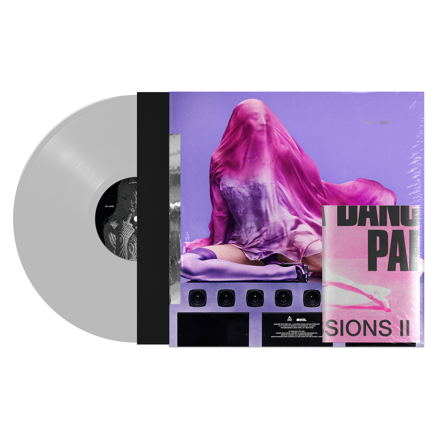 Vinyl record with a cover featuring a person draped in pink fabric on a purple background