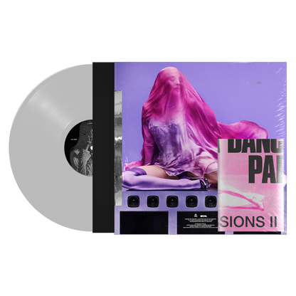 Vinyl record with a cover featuring a person draped in pink fabric on a purple background