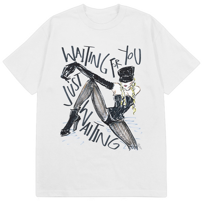 White cotton t-shirt with a black and gray sketch artwork of a person sitting and text on the front.